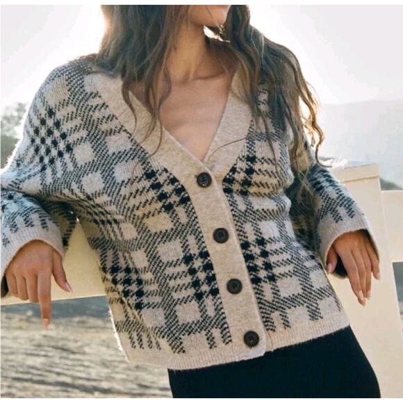 Rails Womens Button Front V Neck Reese Black Oatmeal Cardigan Sweater Size L - Picture 1 of 10